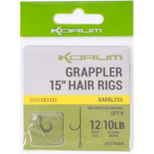 Carlige Legate KORUM Grappler Hair Rigs Barbless, Nr.10, 38cm, 5buc/pac